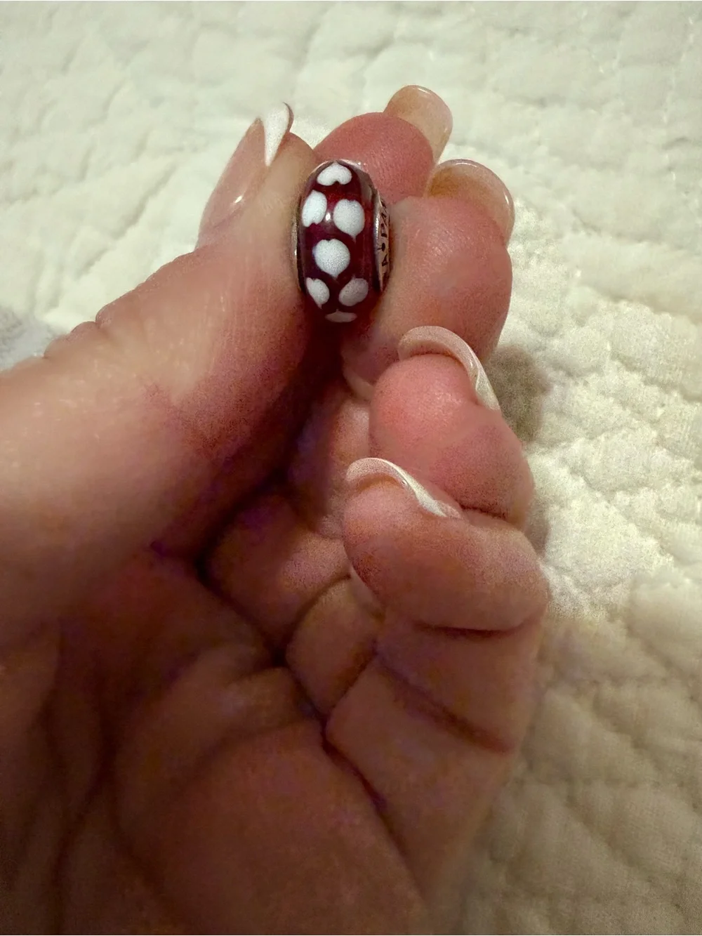 Pandora red Murano glass with white hearts Bead